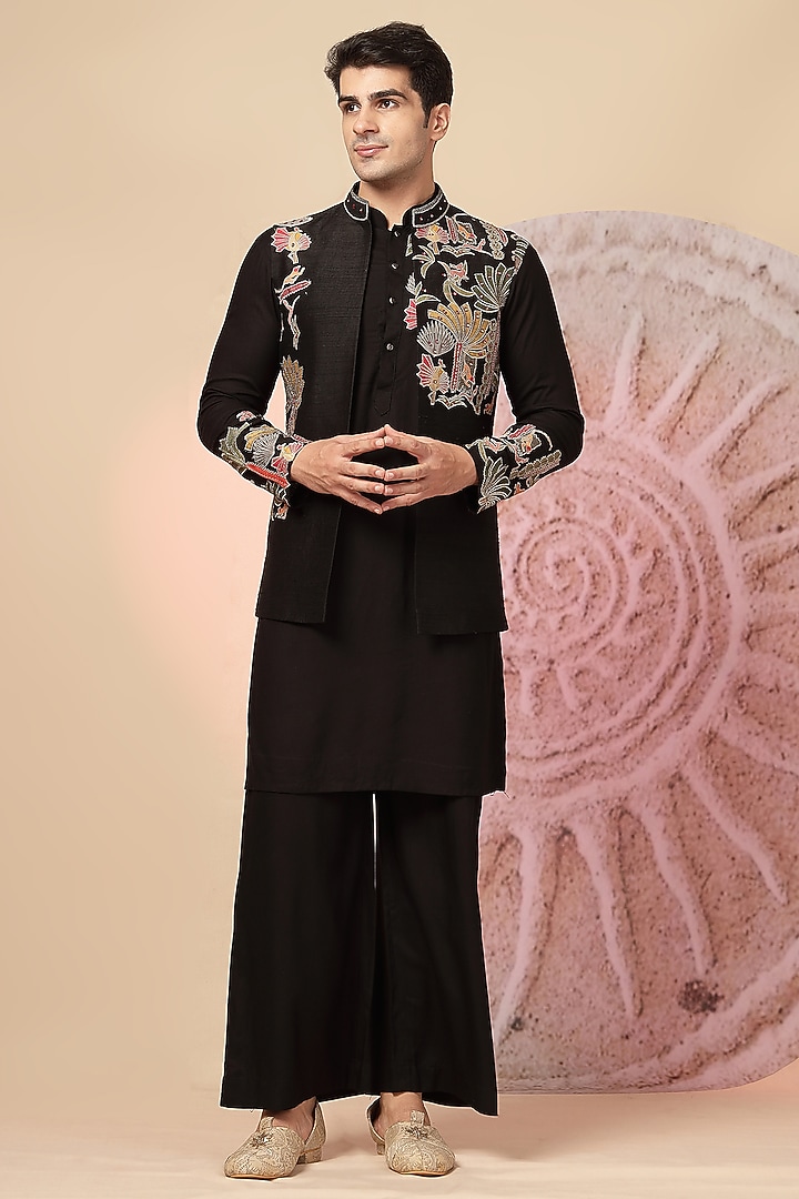 Black Raw Silk Handloom Embroidered Nehru Jacket Set by Soniya G Men at Pernia's Pop Up Shop