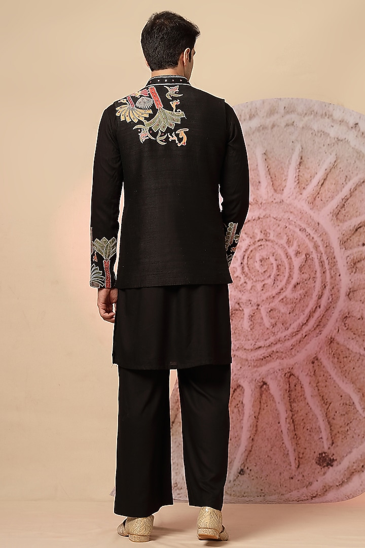 Black Raw Silk Handloom Embroidered Nehru Jacket Set by Soniya G Men at Pernia's Pop Up Shop