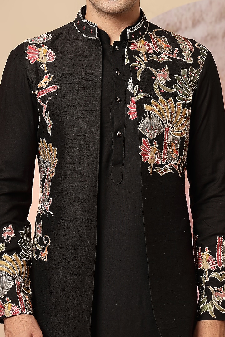 Black Raw Silk Handloom Embroidered Nehru Jacket Set by Soniya G Men at Pernia's Pop Up Shop