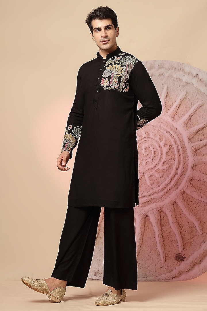 Black Raw Silk Handloom Embroidered Nehru Jacket Set by Soniya G Men at Pernia's Pop Up Shop
