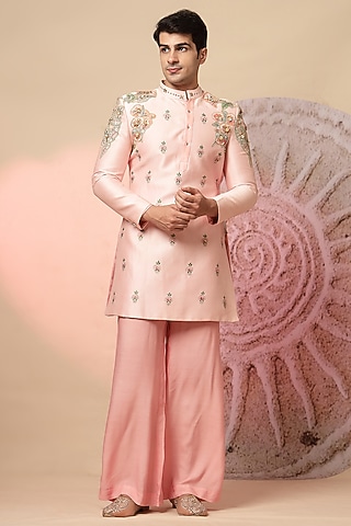 Light Pink Chanderi Silk Embroidered Kurta Set by Soniya G Men