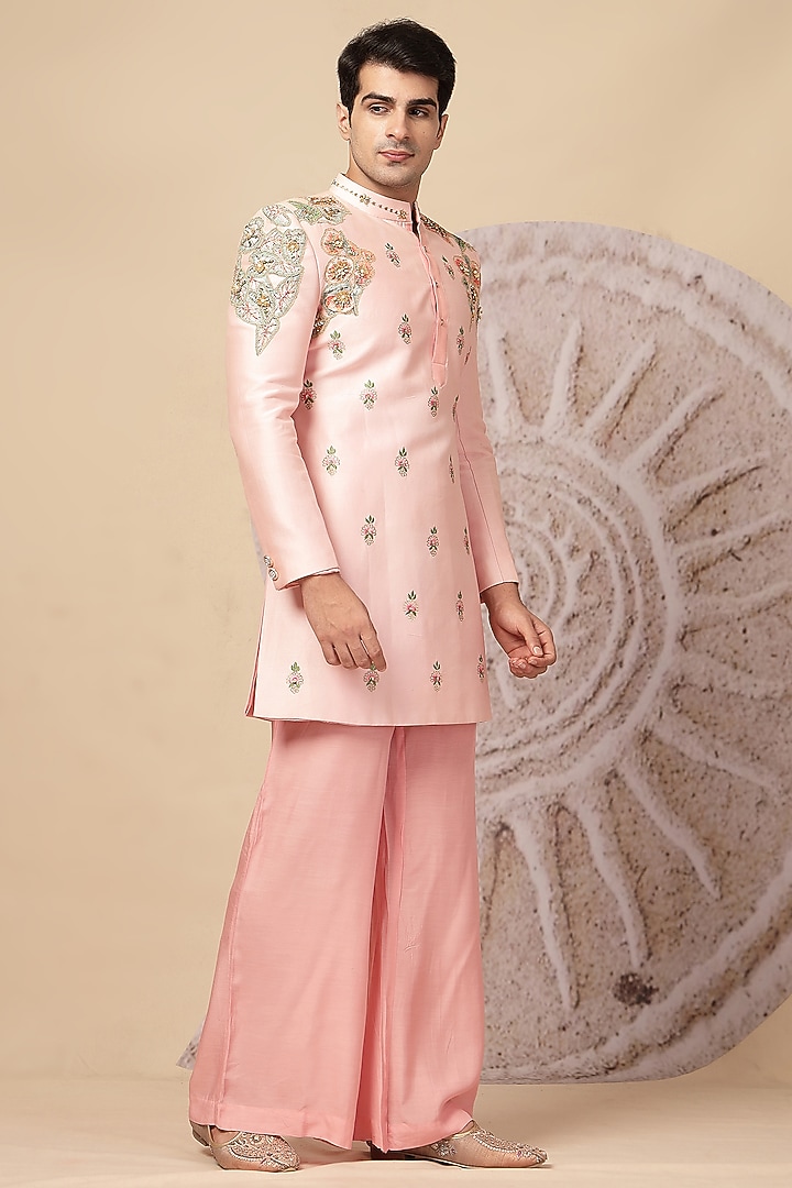 Light Pink Chanderi Silk Embroidered Kurta Set by Soniya G Men at Pernia's Pop Up Shop