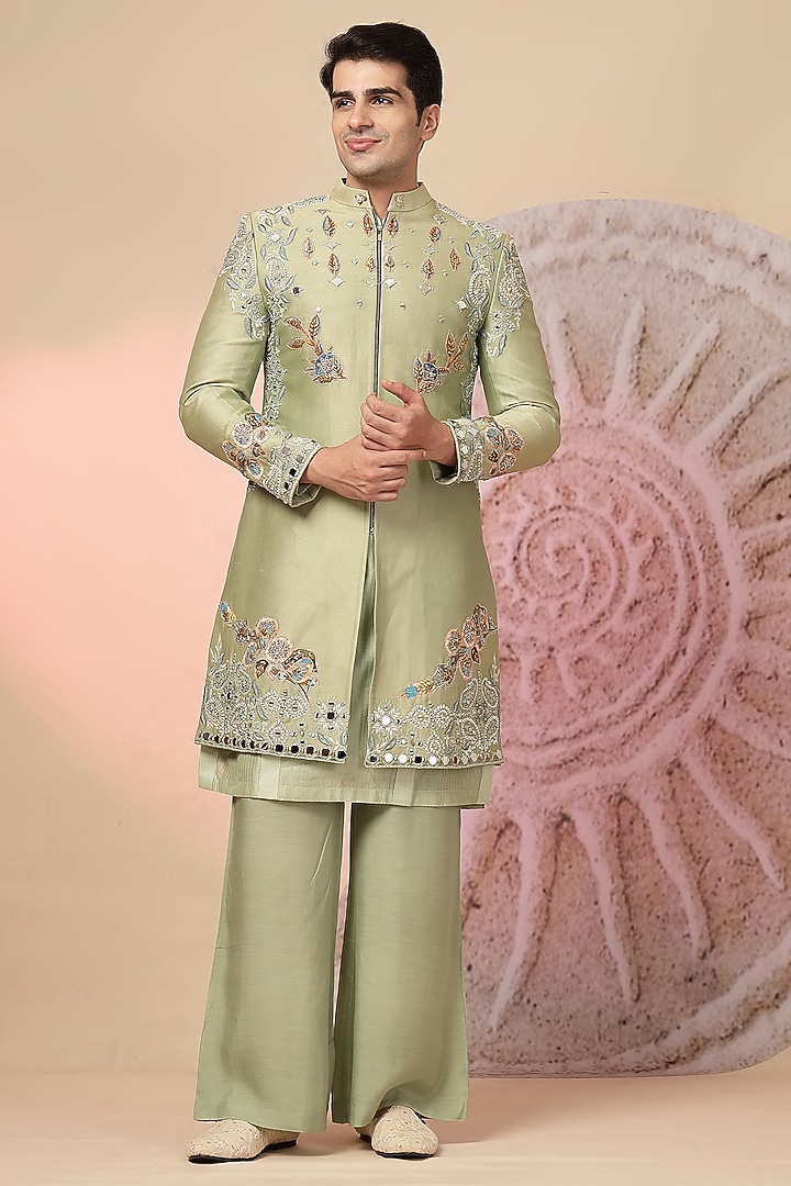 Light Green Chanderi Silk Embroidered Jacket Set by Soniya G Men at Pernia's Pop Up Shop