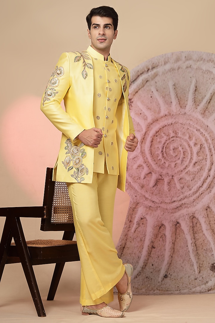 Yellow Chanderi Silk Embroidered Jacket Set by Soniya G Men at Pernia's Pop Up Shop