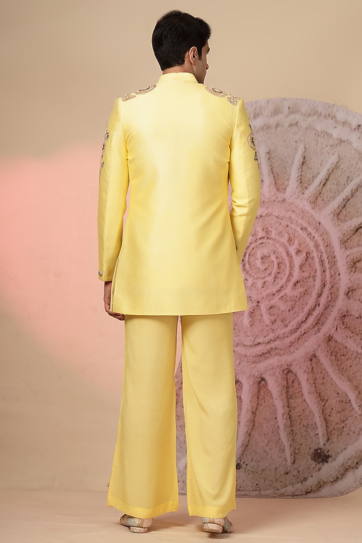 Yellow Chanderi Silk Embroidered Wedding Indowestern Set by Soniya G Men at Pernia's Pop Up Shop