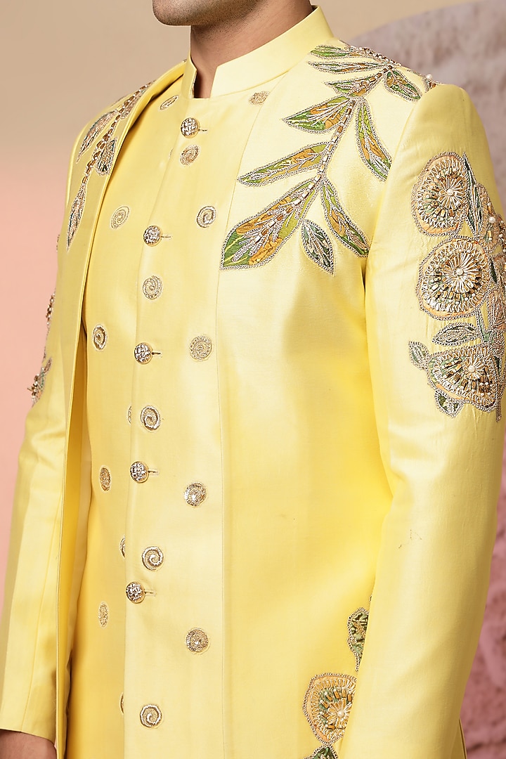 Yellow Chanderi Silk Embroidered Wedding Indowestern Set by Soniya G Men at Pernia's Pop Up Shop