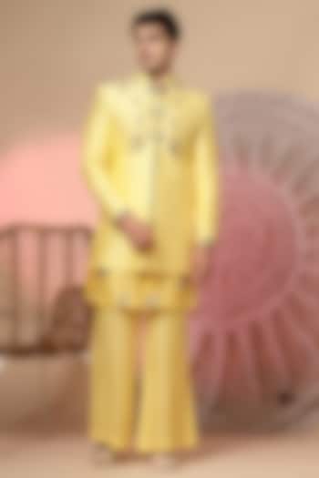 Yellow Chanderi Silk Embroidered Jacket Set by Soniya G Men at Pernia's Pop Up Shop