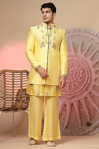 Yellow Chanderi Silk Embroidered Indowestern Set by Soniya G Men