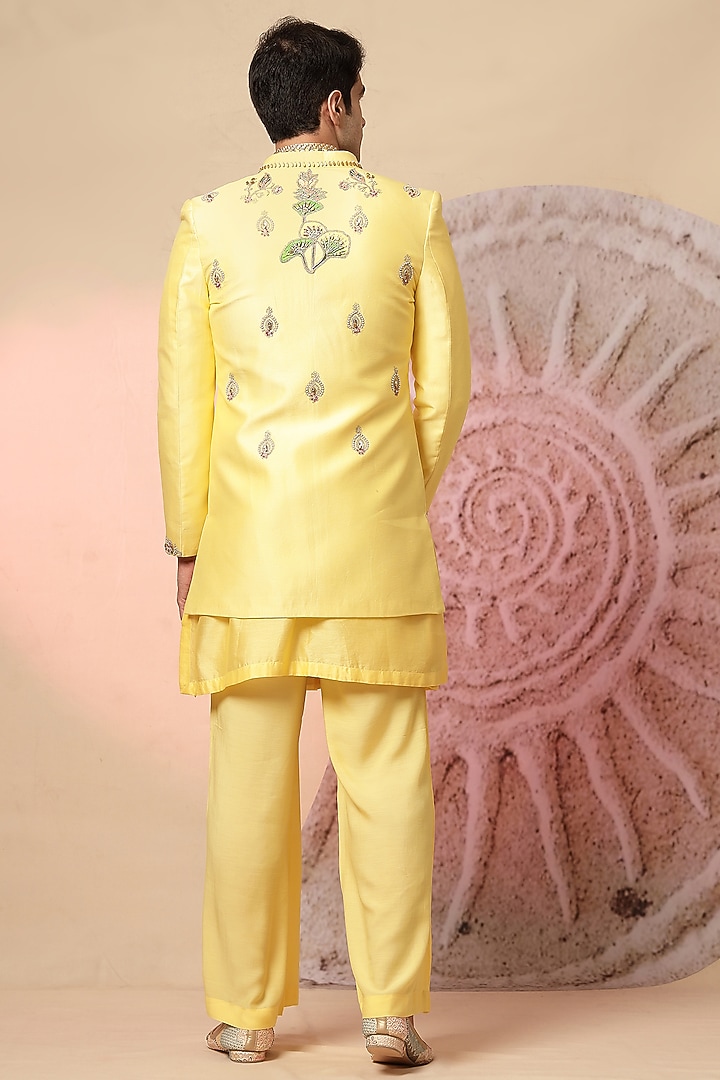Yellow Chanderi Silk Embroidered Wedding Indowestern Set by Soniya G Men at Pernia's Pop Up Shop