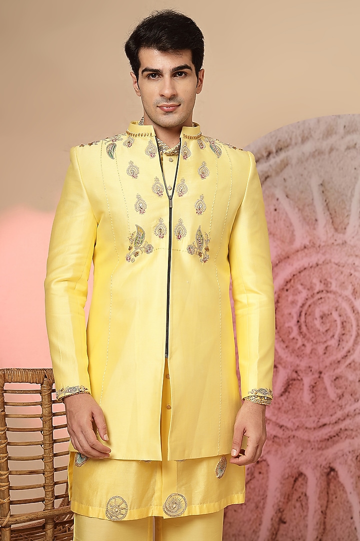 Yellow Chanderi Silk Embroidered Wedding Indowestern Set by Soniya G Men at Pernia's Pop Up Shop