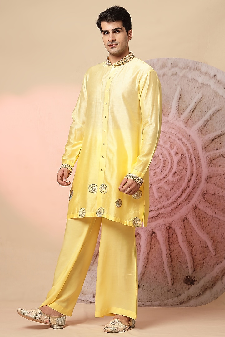 Yellow Chanderi Silk Embroidered Wedding Indowestern Set by Soniya G Men at Pernia's Pop Up Shop