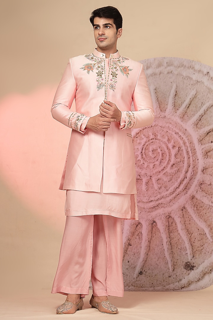 Light Pink Chanderi Silk Embroidered Jacket Set by Soniya G Men at Pernia's Pop Up Shop