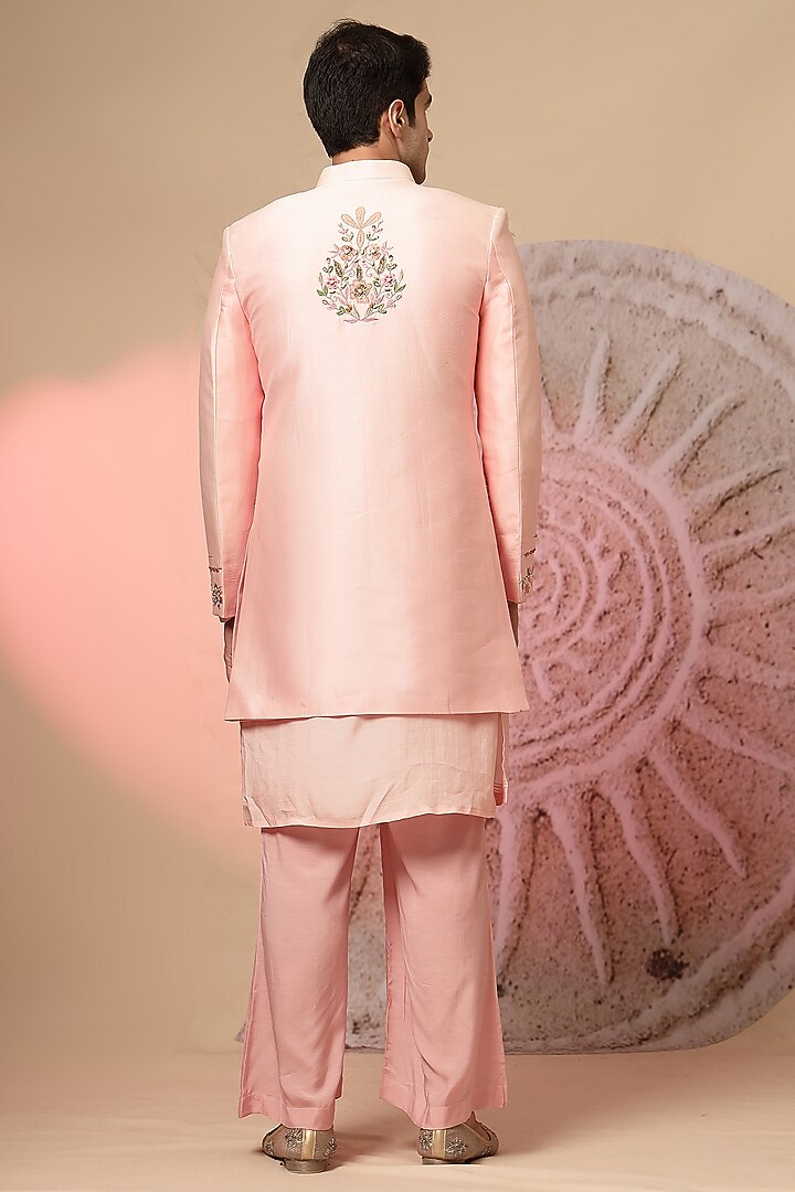 Light Pink Chanderi Silk Embroidered Wedding Indowestern Set by Soniya G Men at Pernia's Pop Up Shop