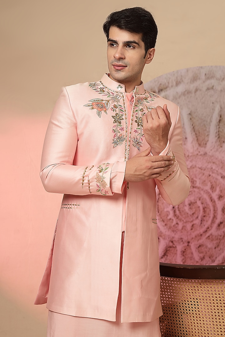 Light Pink Chanderi Silk Embroidered Wedding Indowestern Set by Soniya G Men at Pernia's Pop Up Shop