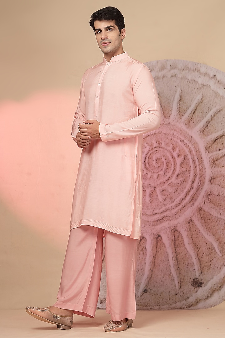 Light Pink Chanderi Silk Embroidered Wedding Indowestern Set by Soniya G Men at Pernia's Pop Up Shop