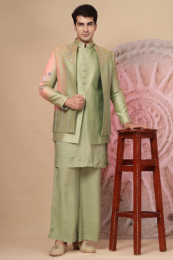 Green Chanderi Silk Embroidered Jacket Set by Soniya G Men at Pernia's Pop Up Shop