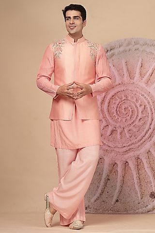 Pink Chanderi Silk Embroidered Bundi Jacket Set by Soniya G Men