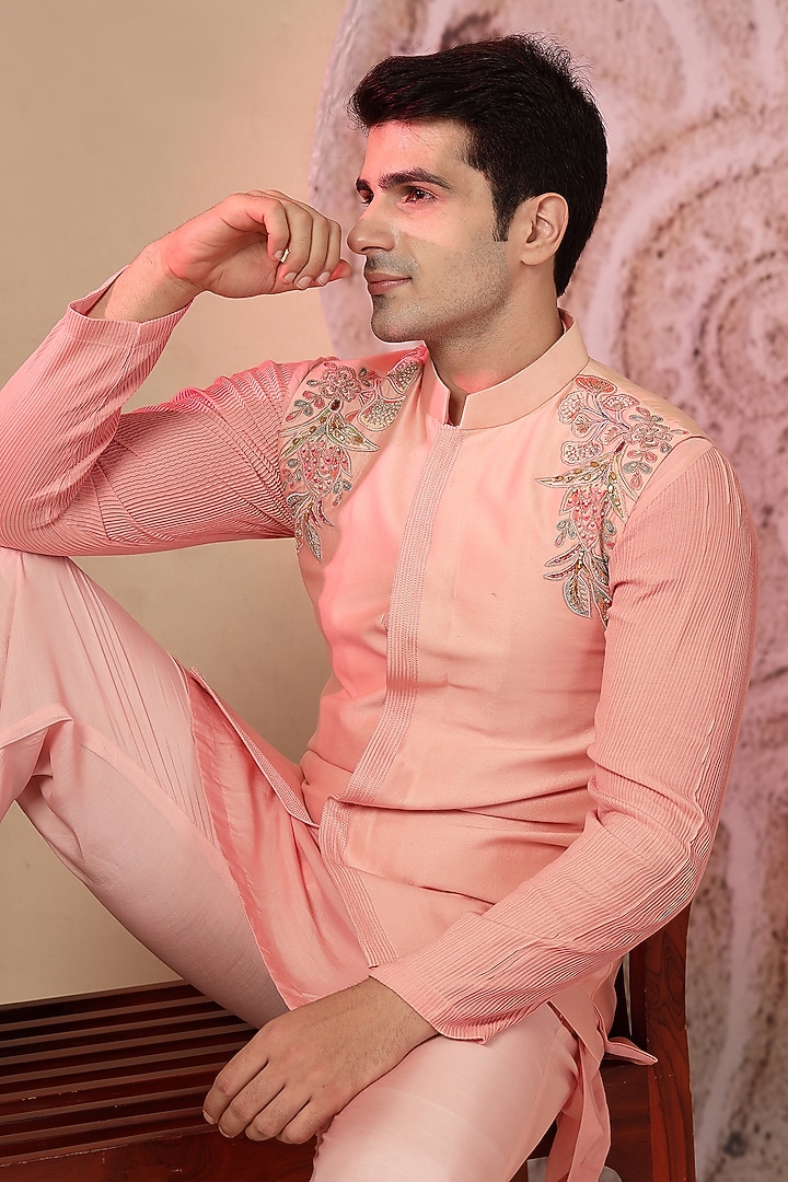 Pink Chanderi Silk Embroidered Bundi Jacket Set by Soniya G Men at Pernia's Pop Up Shop