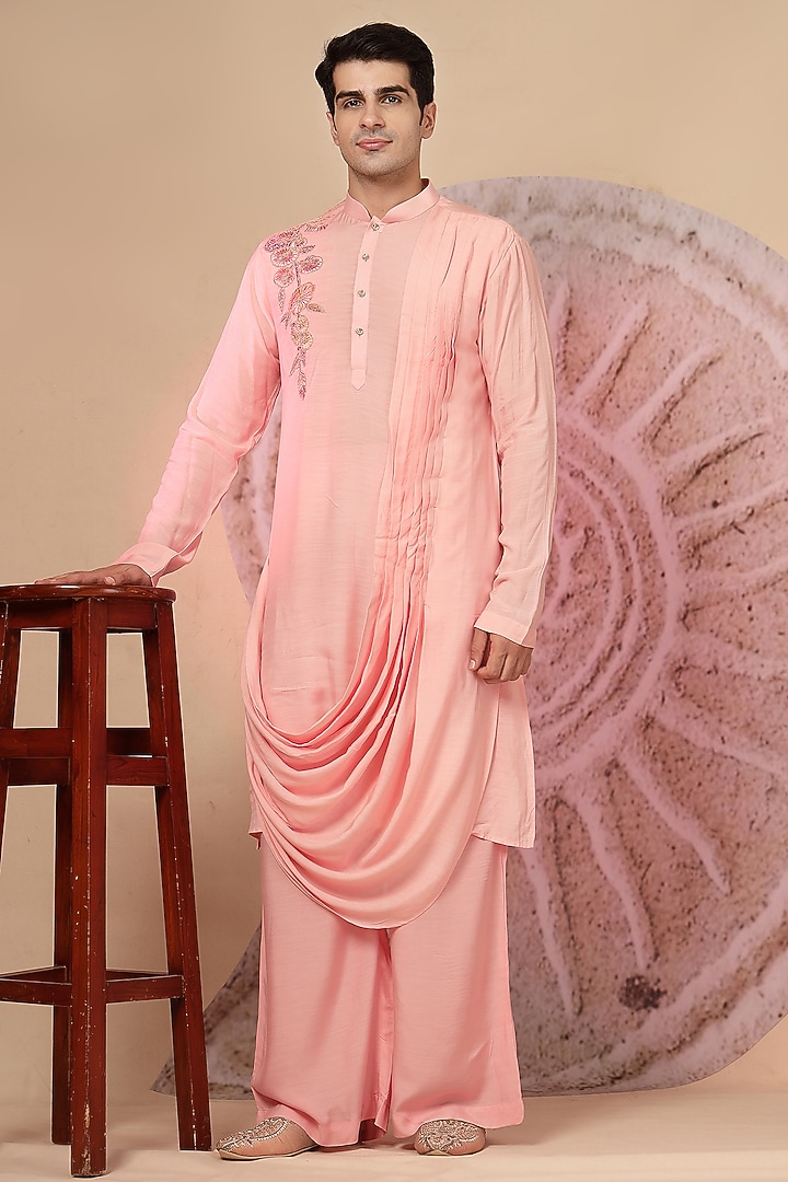 Pink Muslin Embroidered Cowl Kurta Set by Soniya G Men at Pernia's Pop Up Shop
