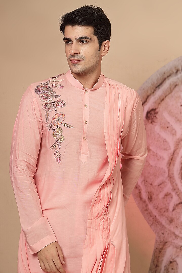 Pink Muslin Embroidered Cowl Kurta Set by Soniya G Men at Pernia's Pop Up Shop