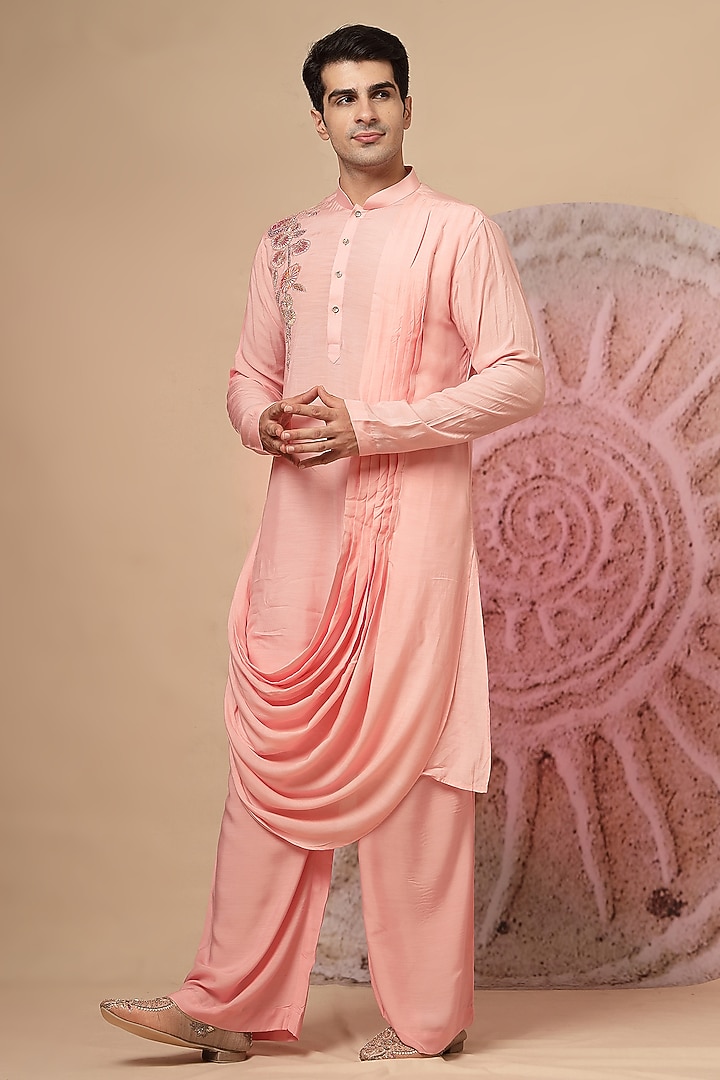 Pink Muslin Embroidered Cowl Kurta Set by Soniya G Men at Pernia's Pop Up Shop
