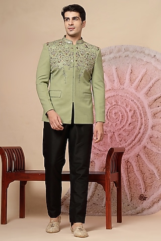 Olive Green Textured Material Embroidered Bandhgala Set by Soniya G Men