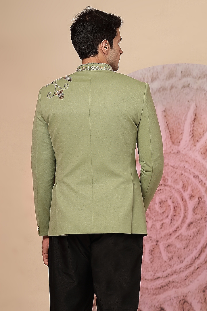 Olive Green Textured Material Embroidered Wedding Bandhgala Set by Soniya G Men at Pernia's Pop Up Shop