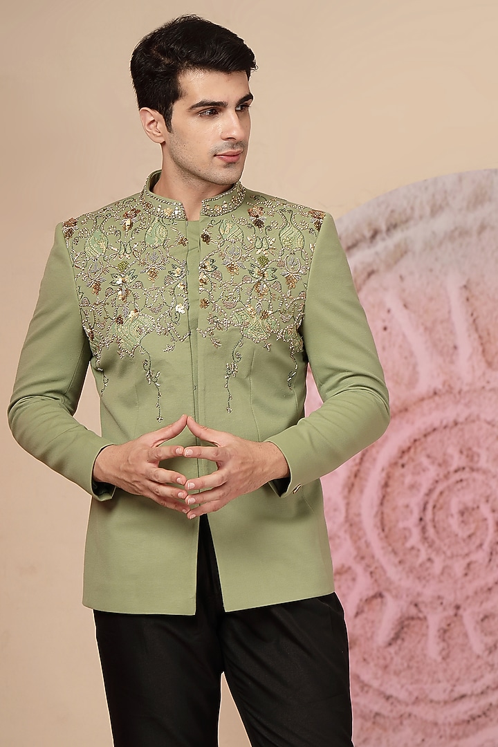 Olive Green Textured Material Embroidered Wedding Bandhgala Set by Soniya G Men at Pernia's Pop Up Shop