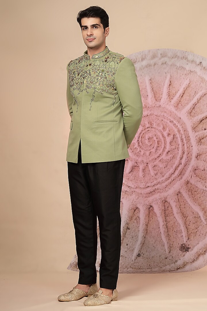 Olive Green Textured Material Embroidered Wedding Bandhgala Set by Soniya G Men at Pernia's Pop Up Shop