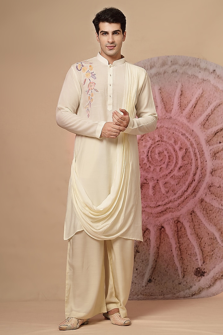 Ivory Muslin Embroidered Cowl Kurta Set by Soniya G Men at Pernia's Pop Up Shop