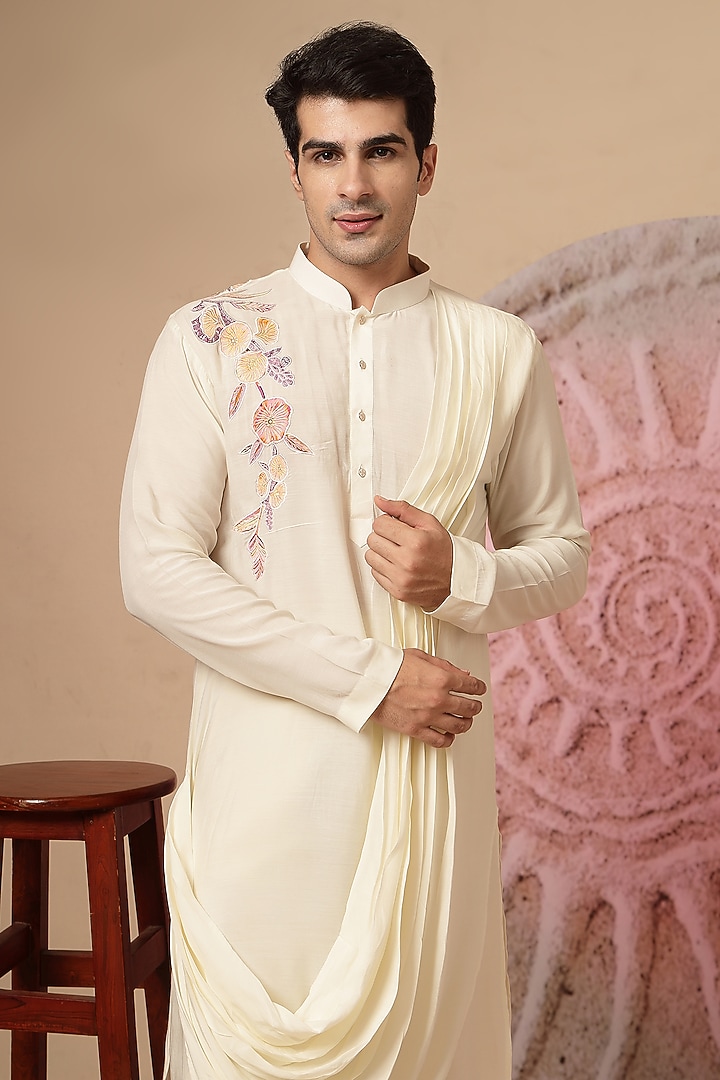 Ivory Muslin Embroidered Cowl Kurta Set by Soniya G Men at Pernia's Pop Up Shop