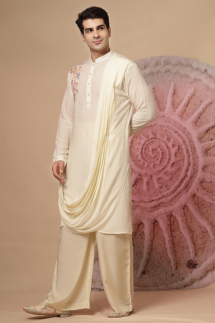 Ivory Muslin Embroidered Cowl Kurta Set by Soniya G Men at Pernia's Pop Up Shop
