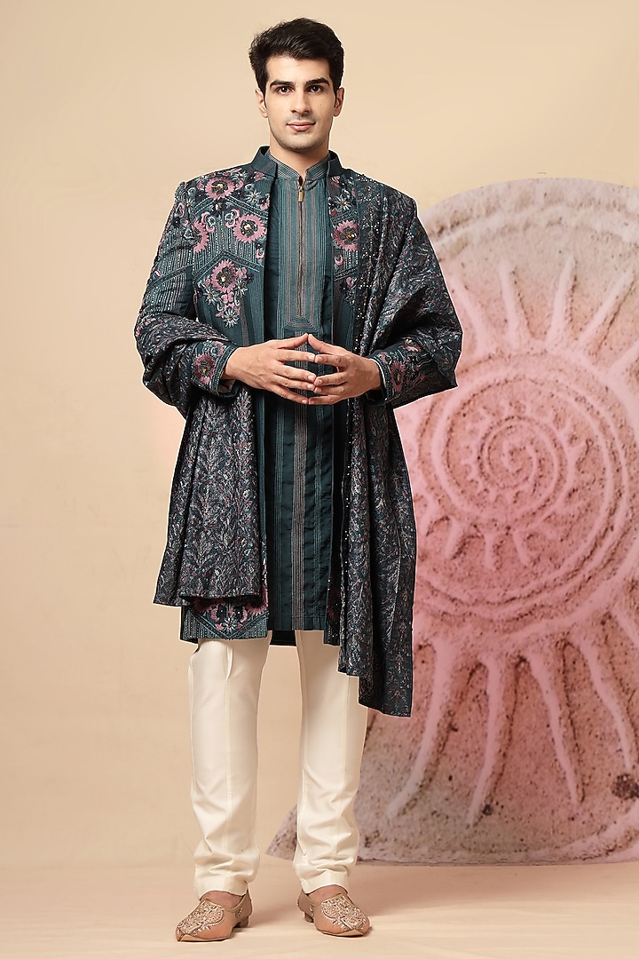 Teal Handloom Embroidered Wedding Sherwani Set by Soniya G Men at Pernia's Pop Up Shop
