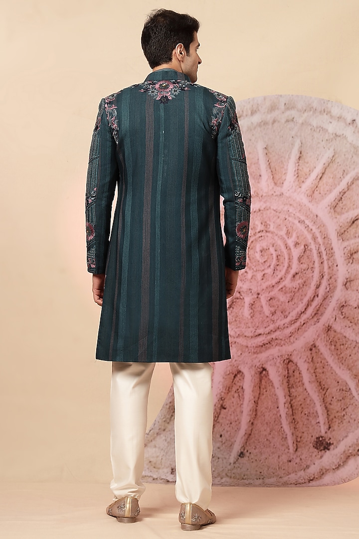 Teal Handloom Embroidered Wedding Indowestern Set by Soniya G Men at Pernia's Pop Up Shop