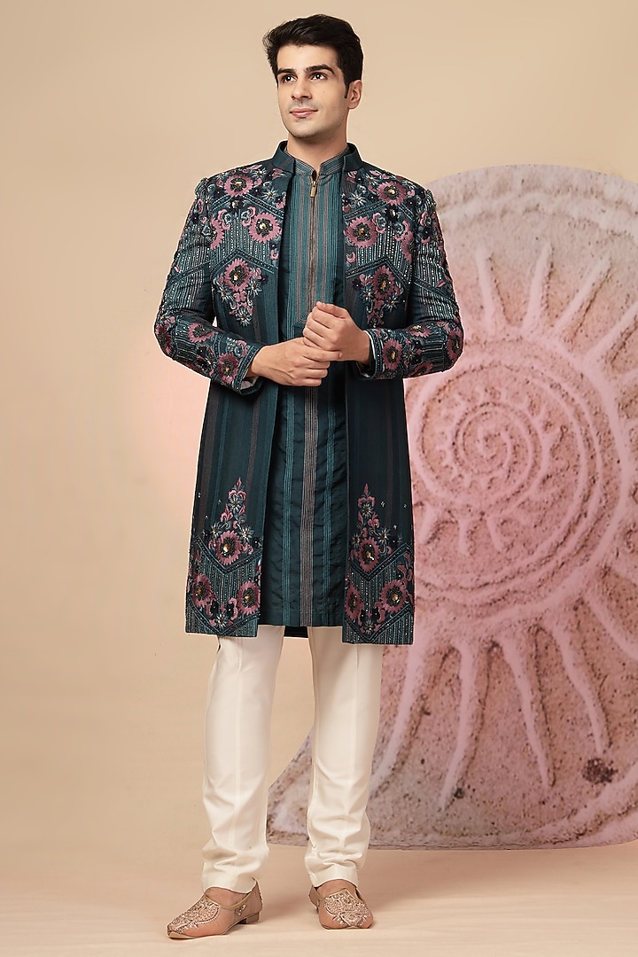Teal Handloom Embroidered Wedding Indowestern Set by Soniya G Men at Pernia's Pop Up Shop