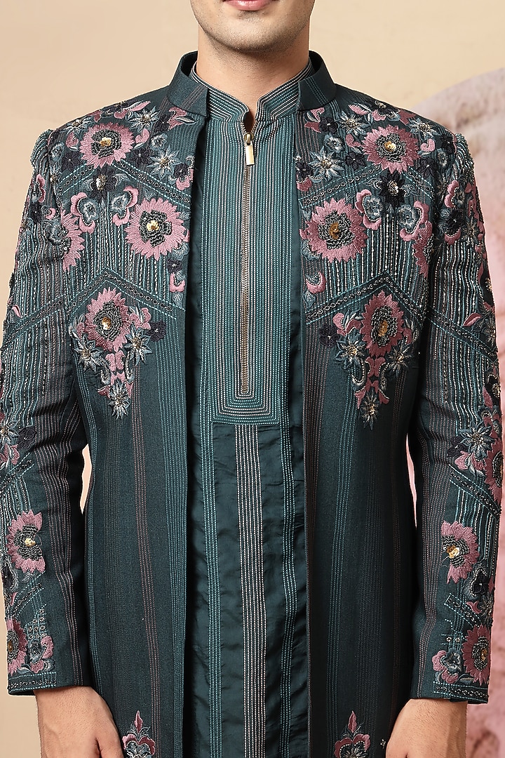 Teal Handloom Embroidered Wedding Indowestern Set by Soniya G Men at Pernia's Pop Up Shop