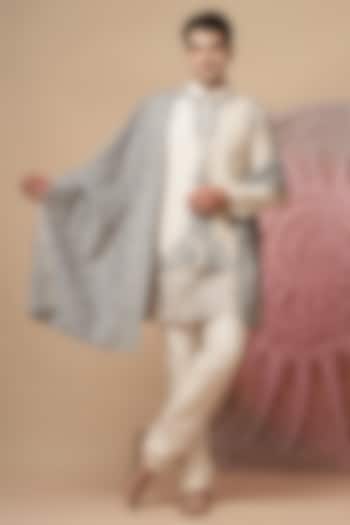 Off-White Handloom Printed & Embroidered Wedding Sherwani Set by Soniya G Men at Pernia's Pop Up Shop