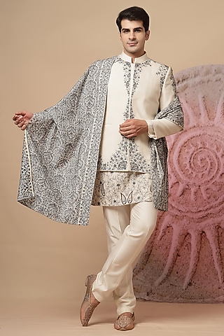Off-White Handloom Printed & Embroidered Bandhgala Set by Soniya G Men