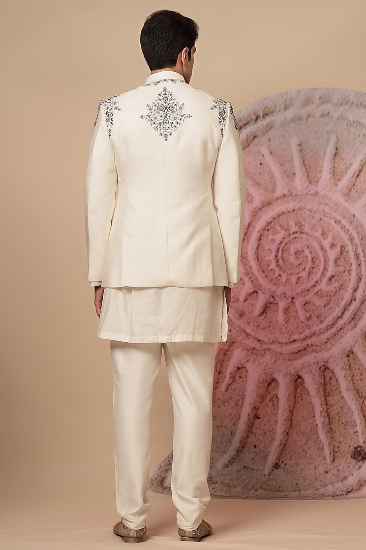 Off-White Handloom Printed & Embroidered Wedding Bandhgala Set by Soniya G Men at Pernia's Pop Up Shop