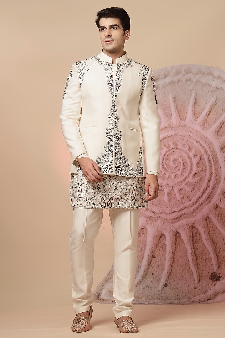 Off-White Handloom Printed & Embroidered Wedding Bandhgala Set by Soniya G Men at Pernia's Pop Up Shop