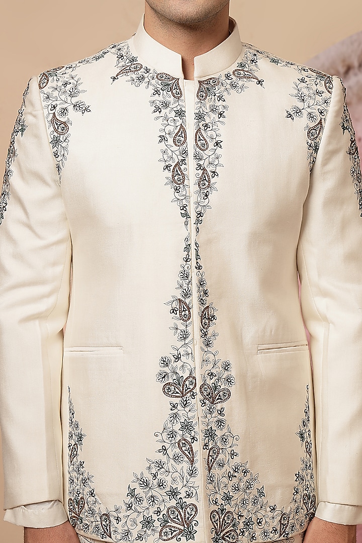 Off-White Handloom Printed & Embroidered Wedding Bandhgala Set by Soniya G Men at Pernia's Pop Up Shop