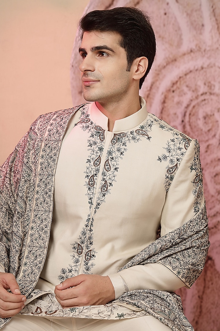 Off-White Handloom Printed & Embroidered Wedding Bandhgala Set by Soniya G Men at Pernia's Pop Up Shop