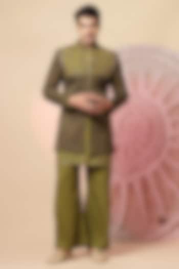 Olive Green Handloom Embroidered Jacket Set by Soniya G Men at Pernia's Pop Up Shop