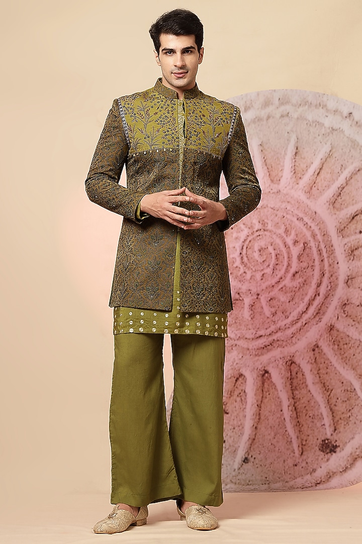 Olive Green Handloom Embroidered Jacket Set by Soniya G Men at Pernia's Pop Up Shop