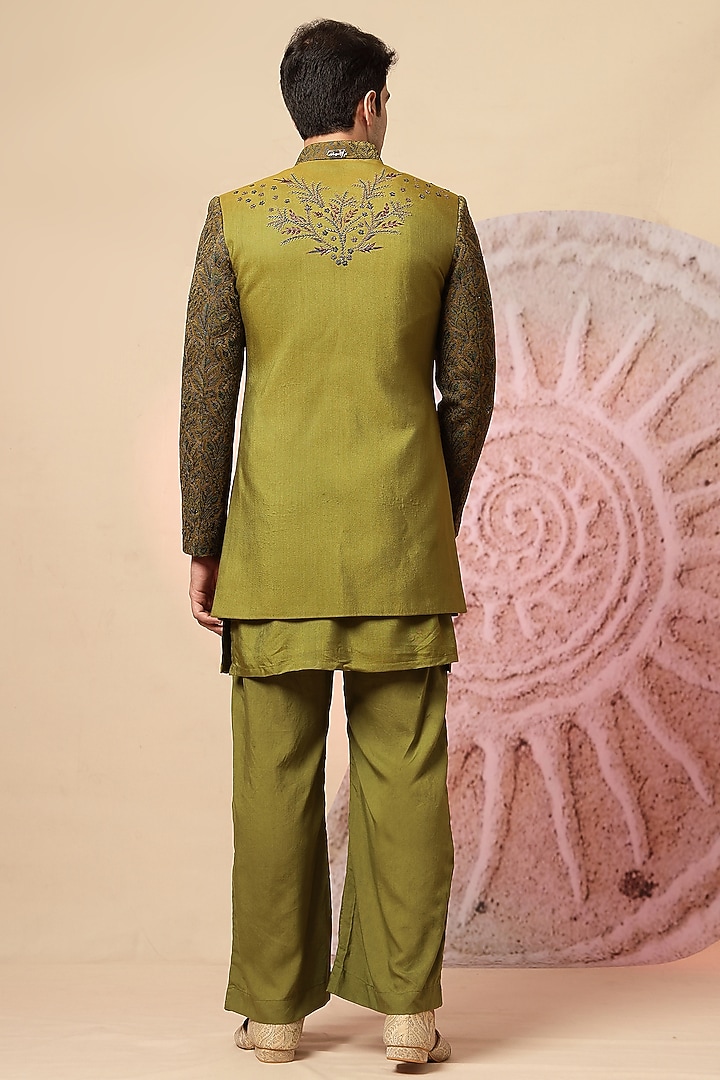 Olive Green Handloom Embroidered Wedding Indowestern Set by Soniya G Men at Pernia's Pop Up Shop