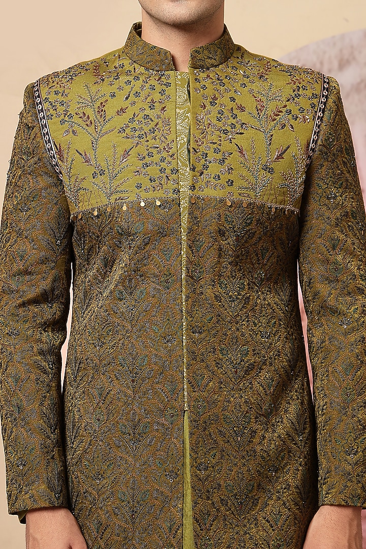 Olive Green Handloom Embroidered Wedding Indowestern Set by Soniya G Men at Pernia's Pop Up Shop