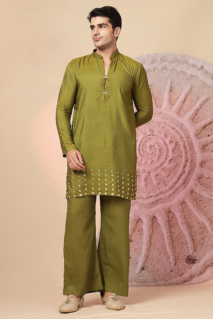 Olive Green Handloom Embroidered Wedding Indowestern Set by Soniya G Men at Pernia's Pop Up Shop