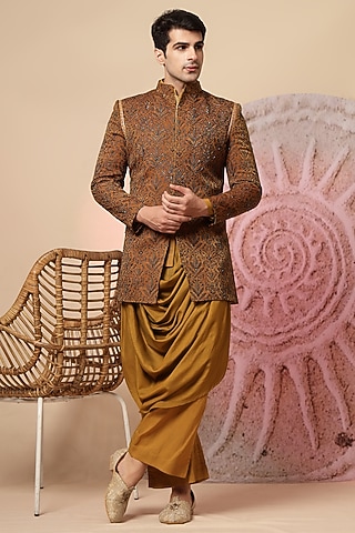 Mustard Yellow Handloom Embroidered Indowestern Set by Soniya G Men