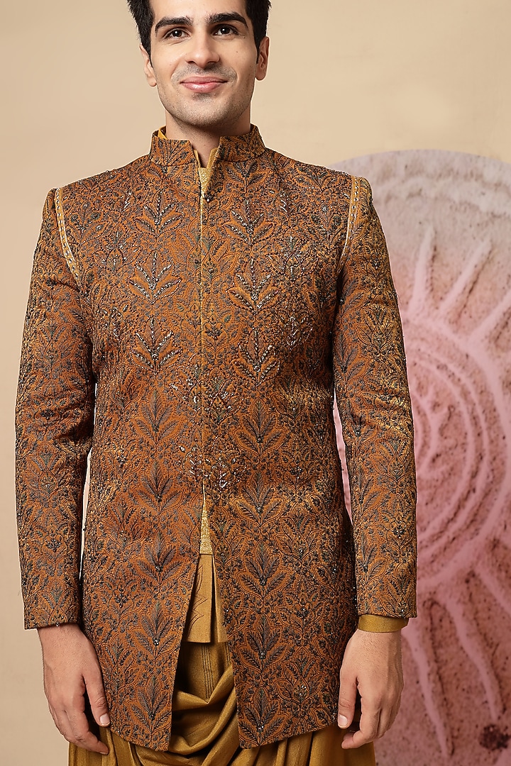 Mustard Yellow Handloom Embroidered Wedding Indowestern Set by Soniya G Men at Pernia's Pop Up Shop