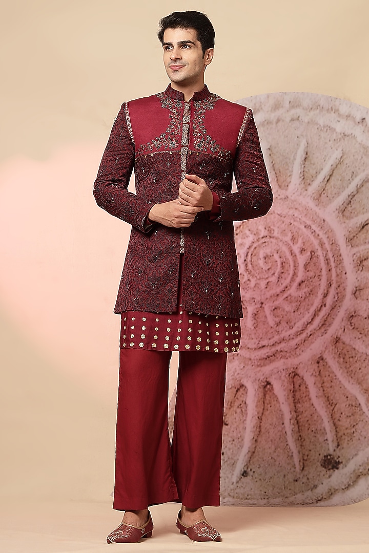 Maroon Handloom Embroidered Jacket Set by Soniya G Men at Pernia's Pop Up Shop